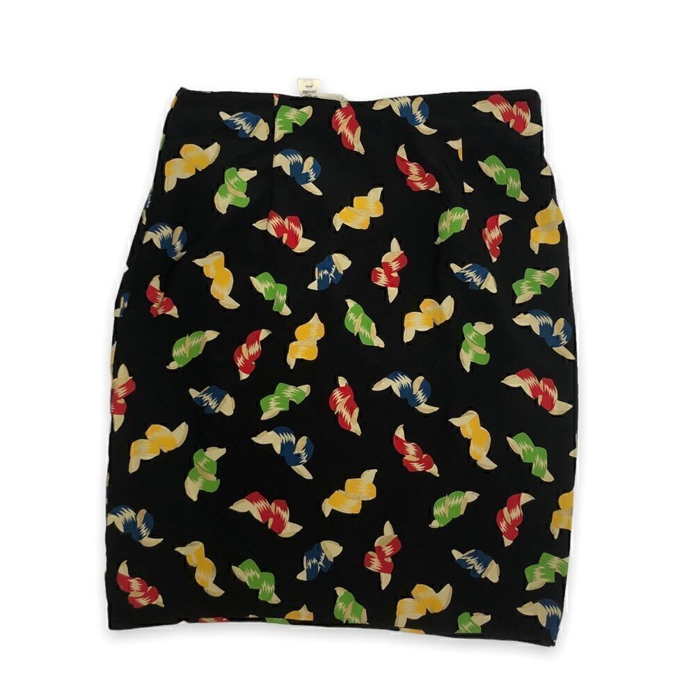Vintage Ungaro Black Ribbon Print Skirt Faux Wrap Gold Accents - Picture 7 of 9
